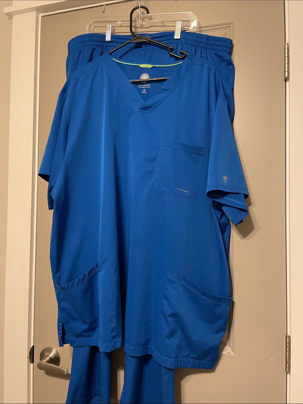 Healing Hands Blue V-Neck Scrub Top with Gold Logo